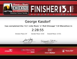 The Chicago Rock 'n'  Roll Half Marathon finishers certificate.